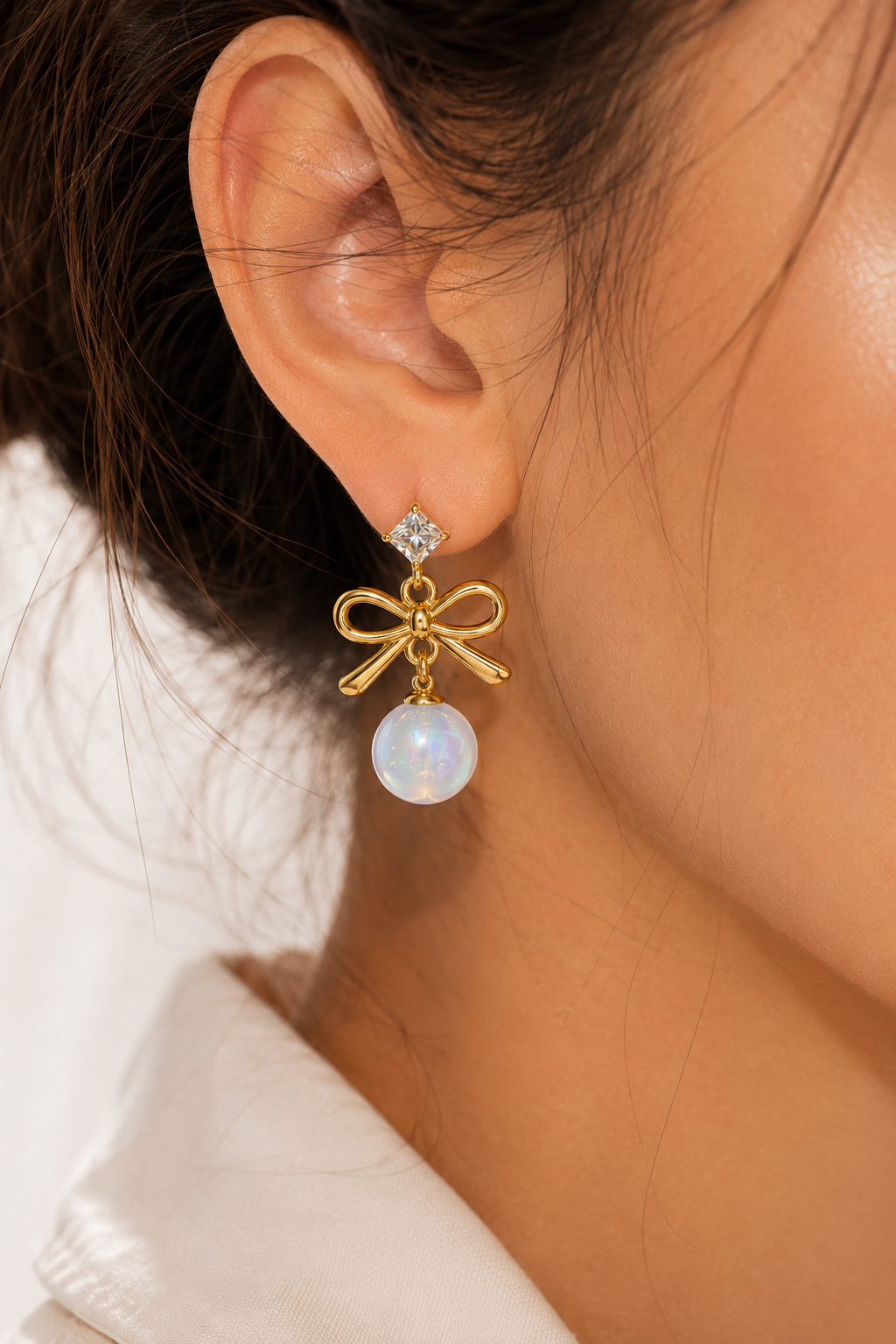 Gold Bow & Pearl Drop Earrings