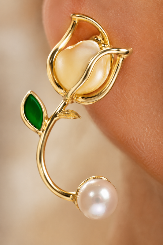 Elegant Pearl & Jade Tulip Brooch