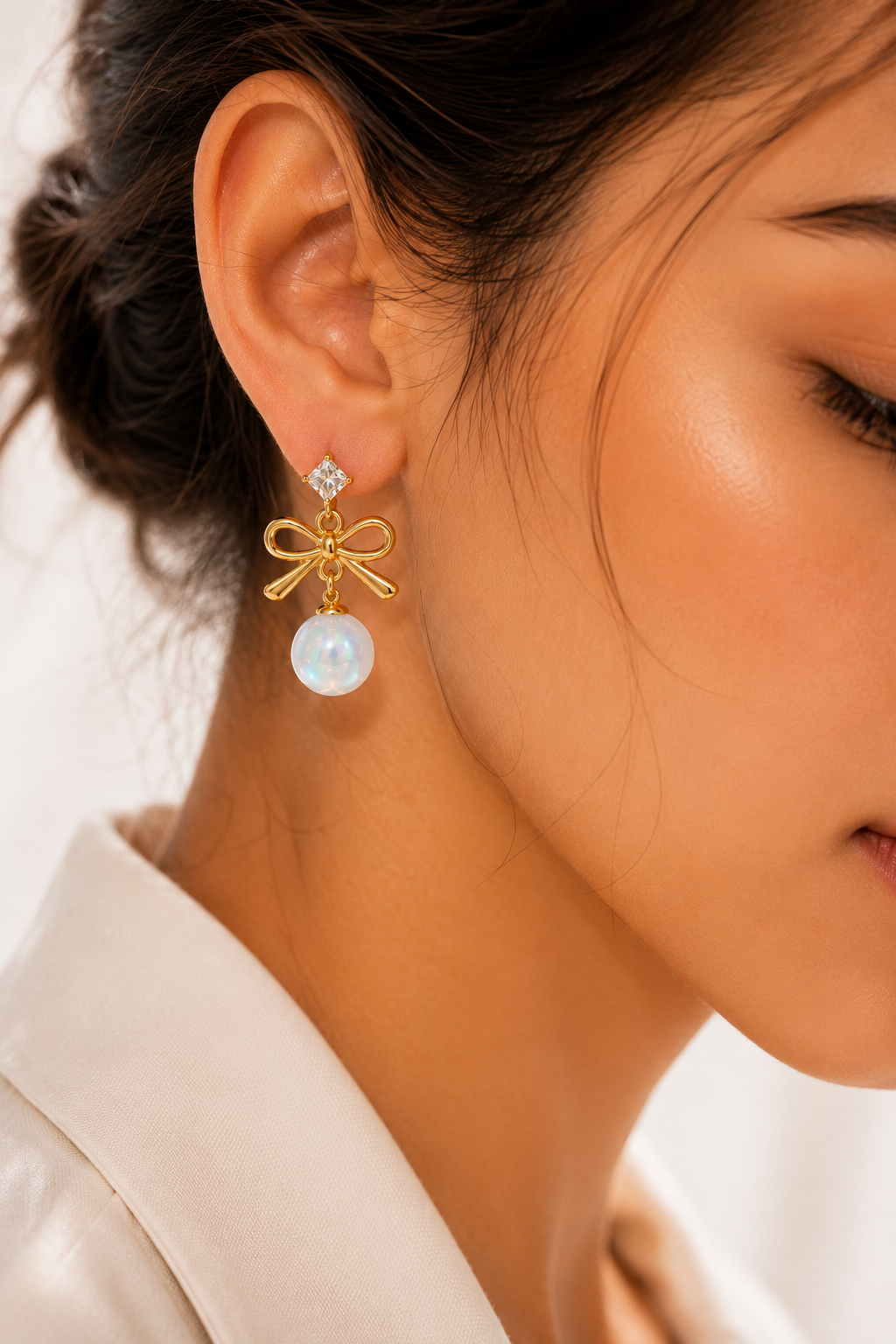Gold Bow & Pearl Drop Earrings