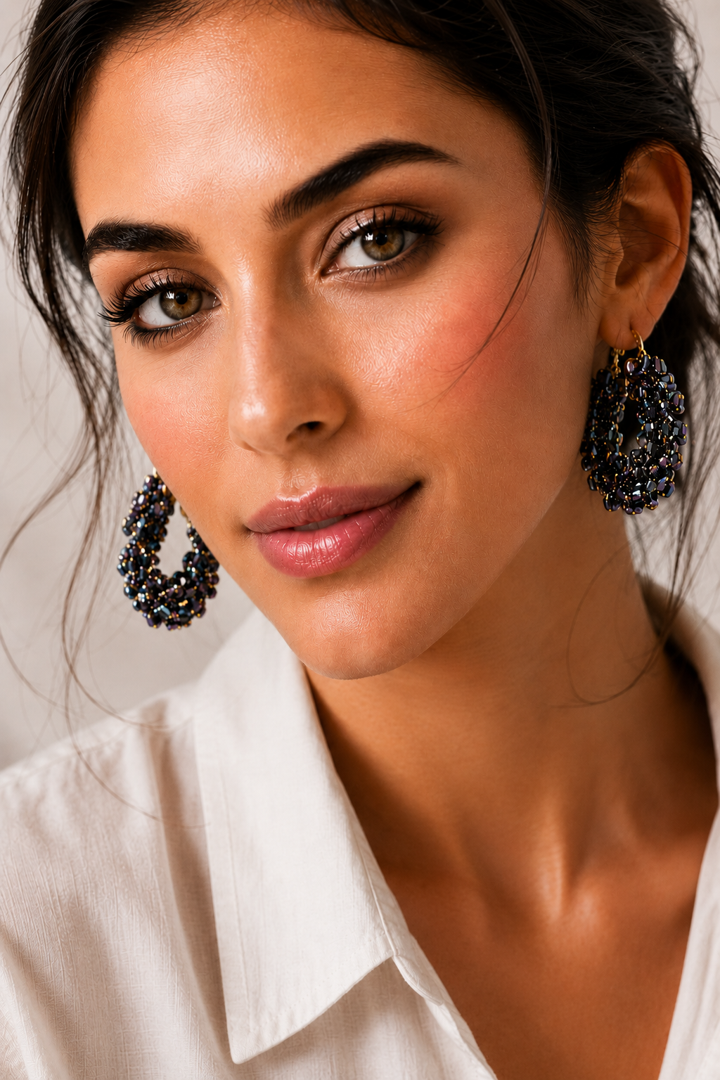 Shimmering Dark Crystal Hoop Earrings