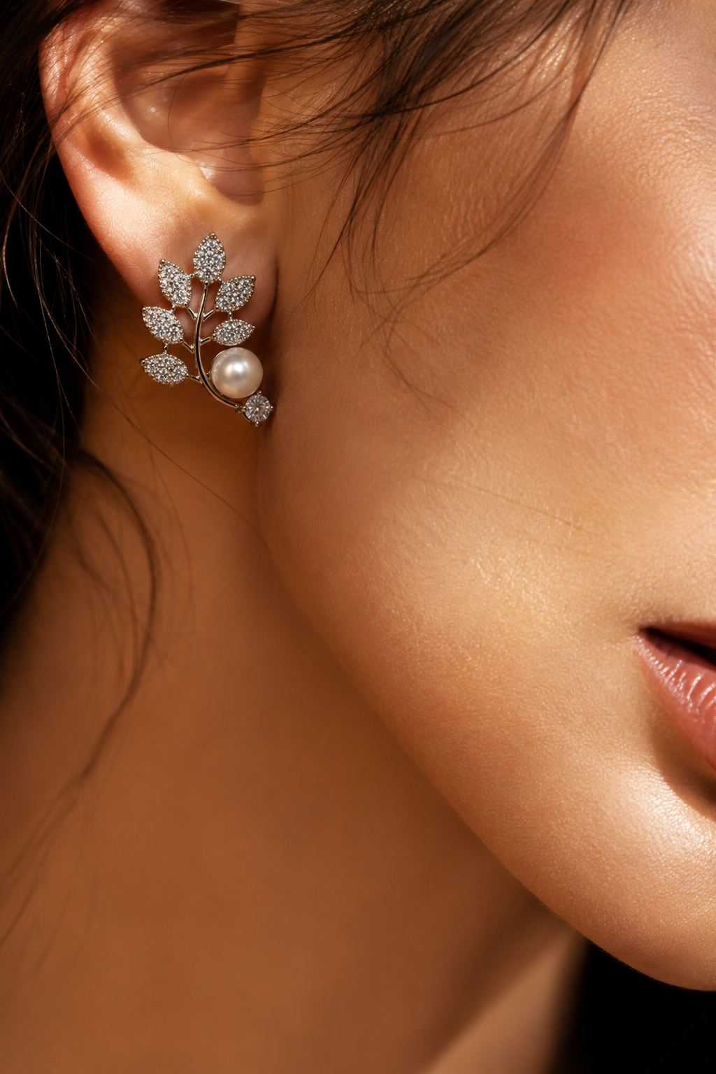 Silver Pearl & Leaf Ear Climbers