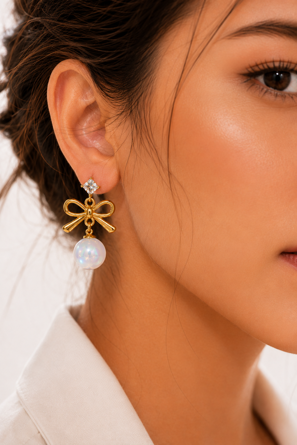 Gold Bow & Pearl Drop Earrings