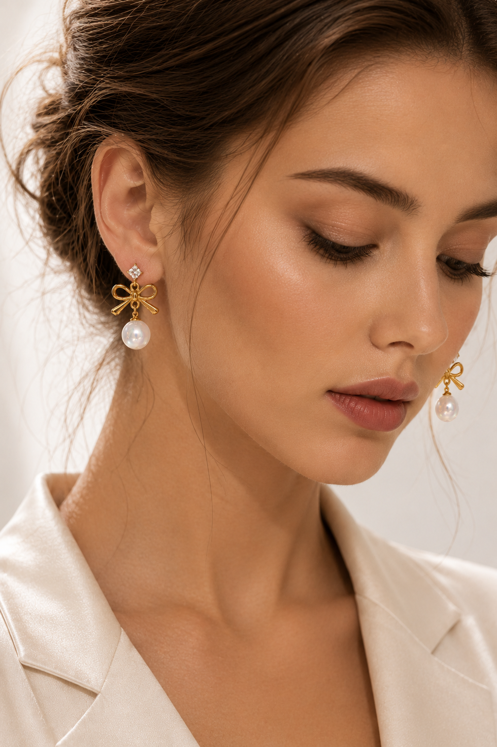 Gold Bow & Pearl Drop Earrings