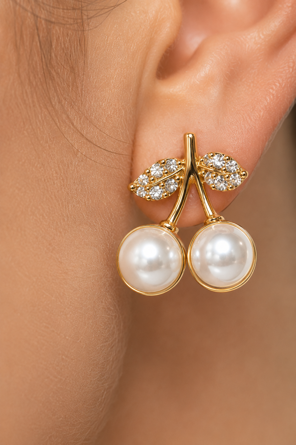 Gold Pearl Cherry Drop Earrings