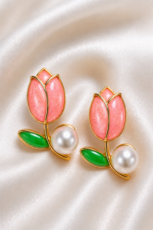Pink Tulip Pearl Stud Earrings