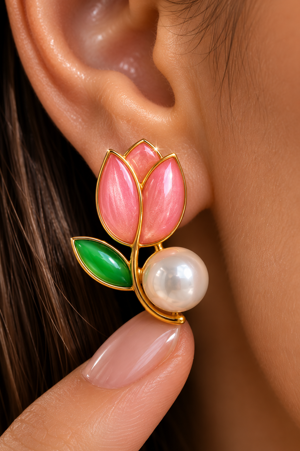 Pink Tulip Pearl Stud Earrings