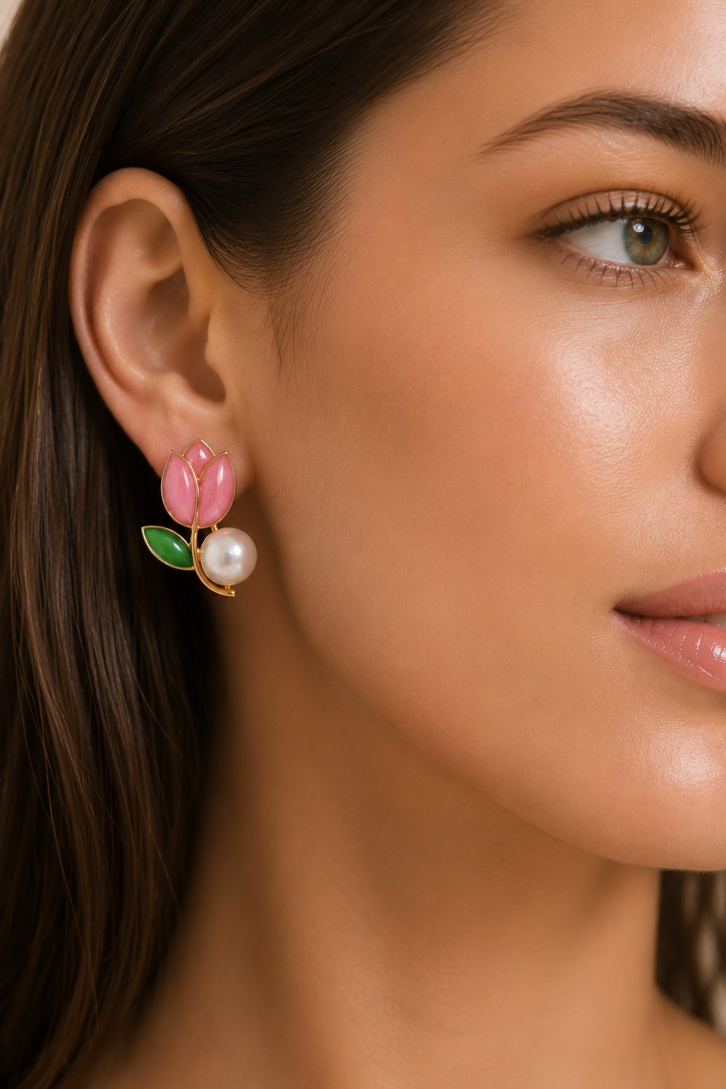 Pink Tulip Pearl Stud Earrings