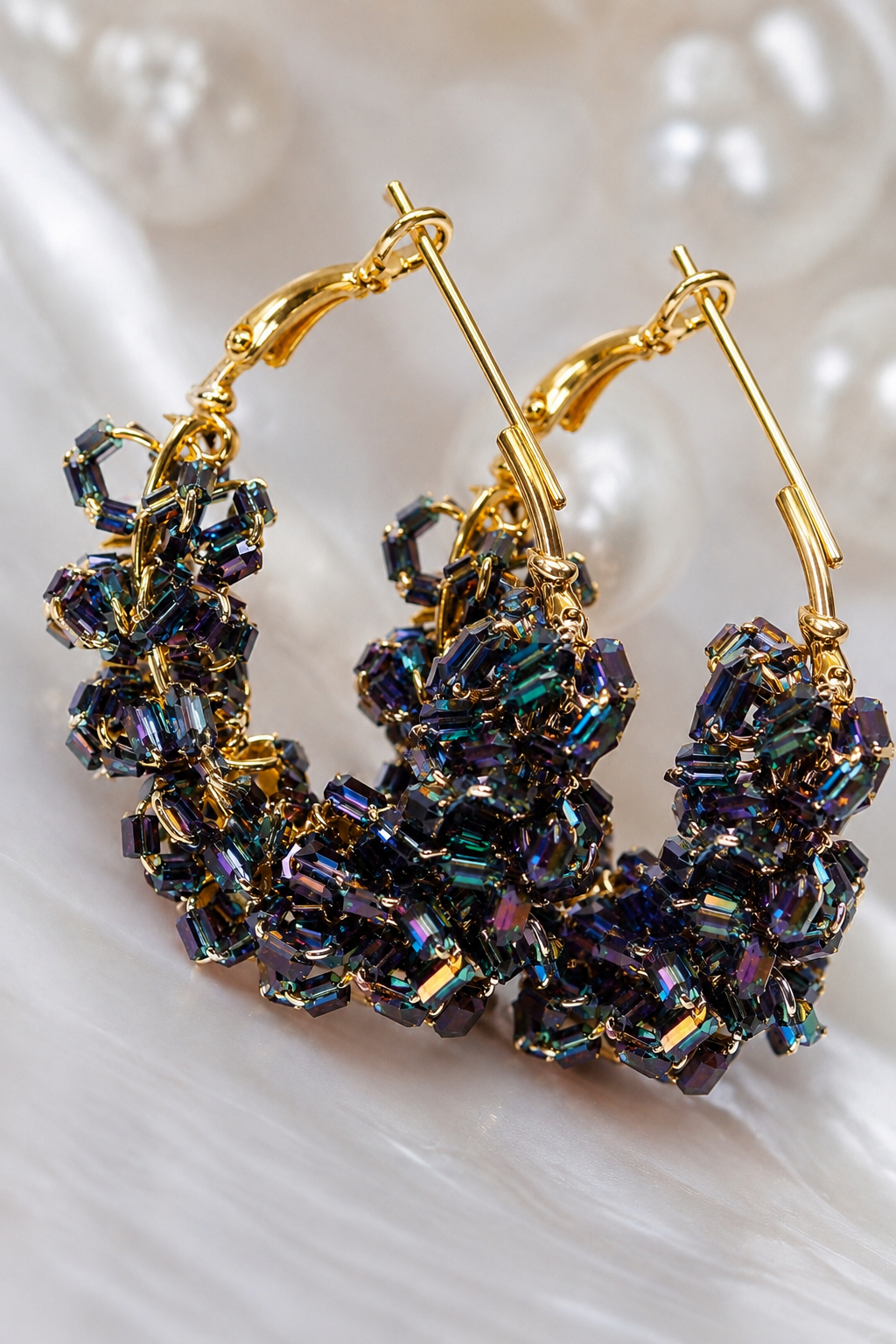 Shimmering Dark Crystal Hoop Earrings